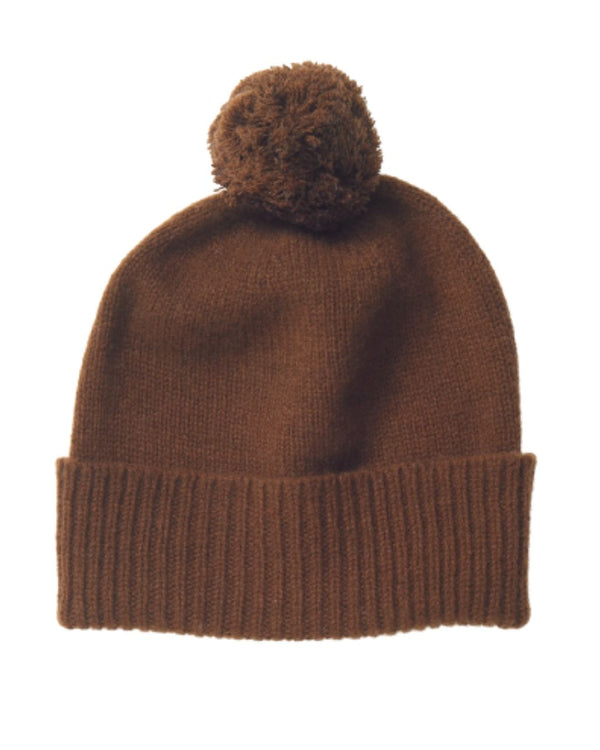 Plain Cashmere Beanie with Pom Pom Crocket Brown