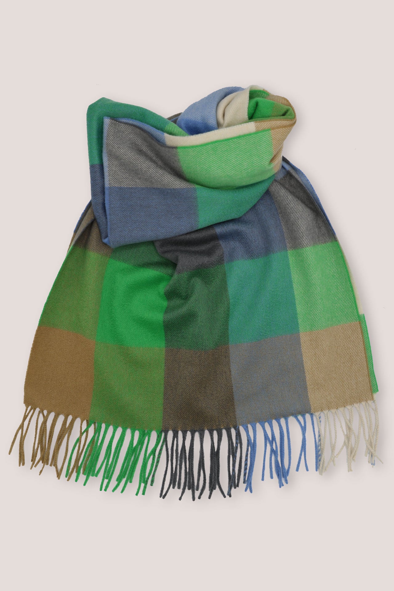 Classic Check Ripple Cashmere 100%  Wide Scarf - Green x Blue x Grey