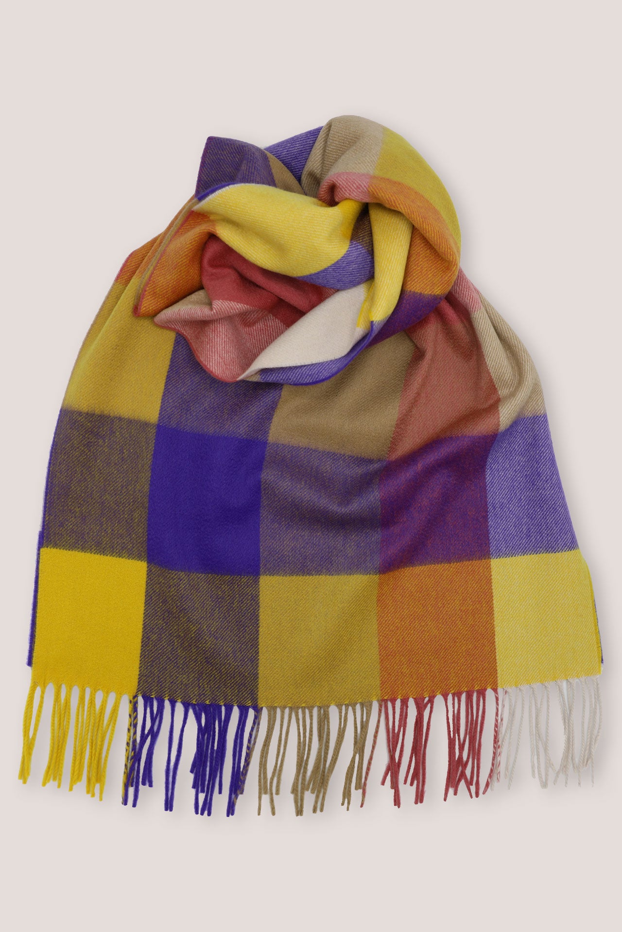 Classic Check Ripple Cashmere 100%  Wide Scarf - Purple x Yellow x Lobster