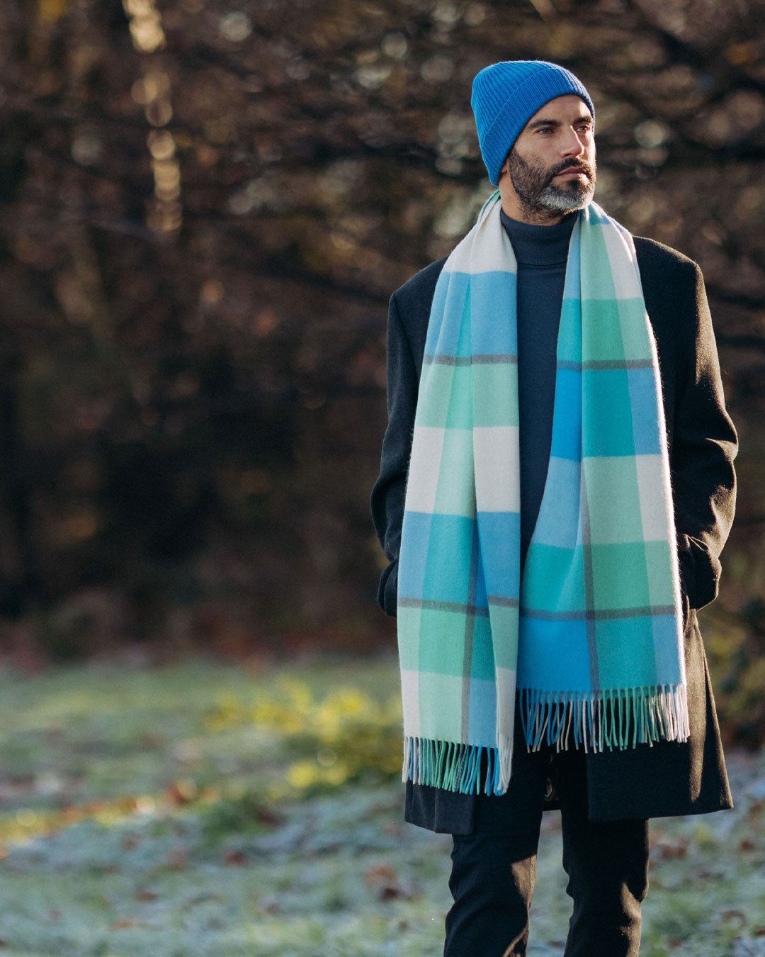 Joshua Ellis | Classic Plaid Cashmere Stole | Blue x Applemint Green