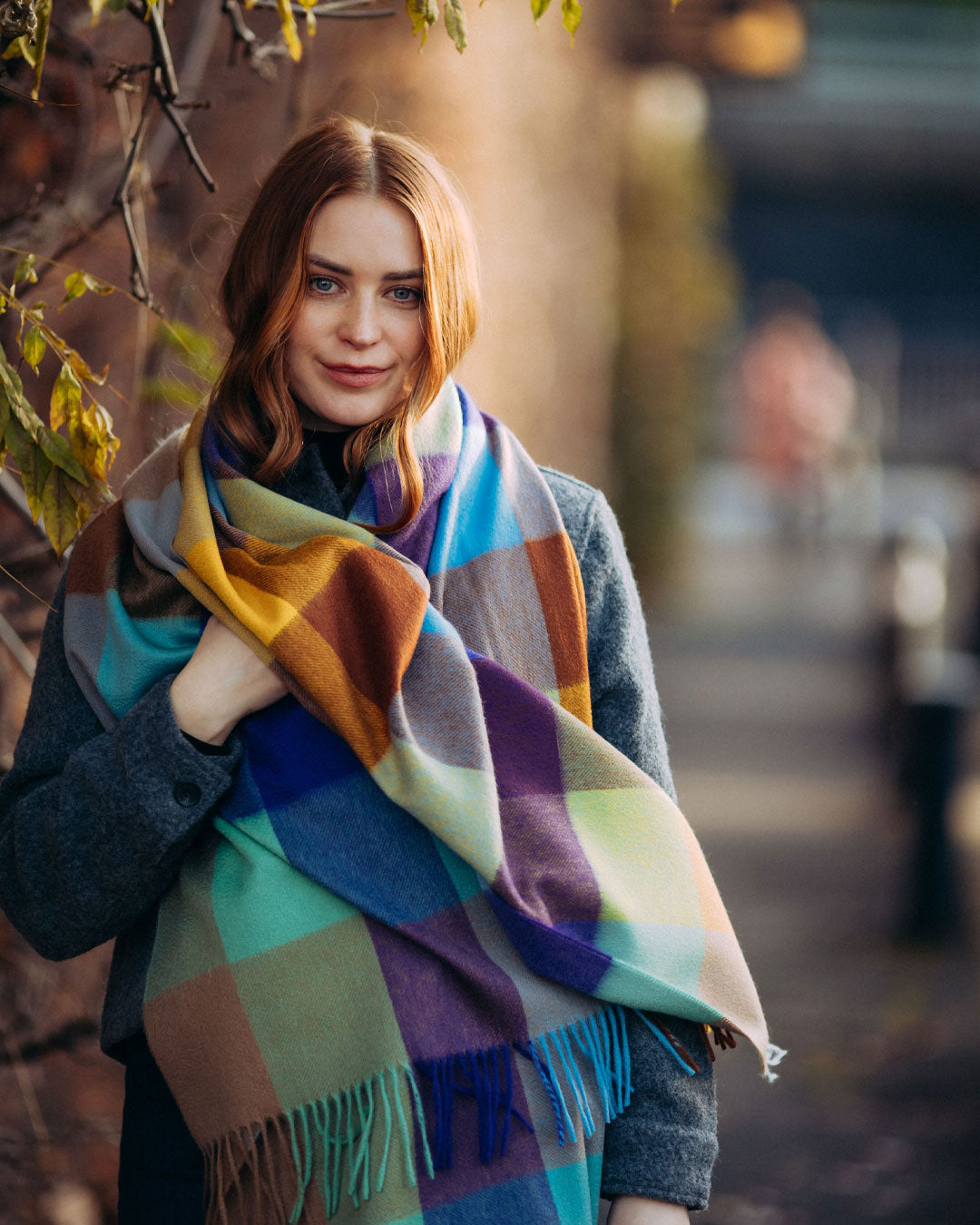 Block Check Cashmere Stole Multi-Coloured