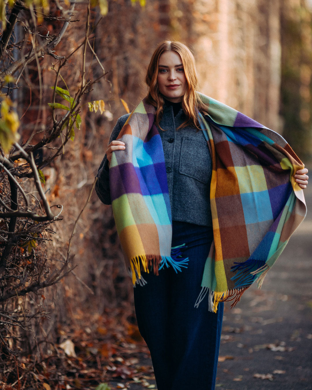 Block Check Cashmere Stole Multi-Coloured