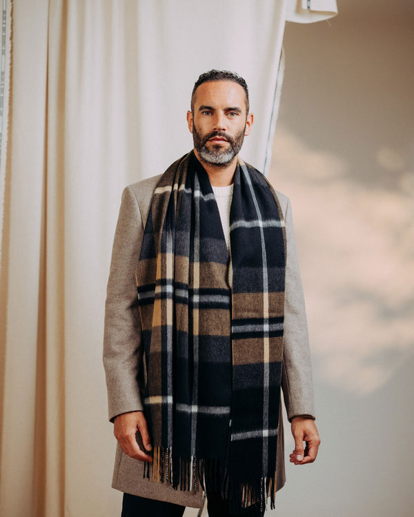 Joshua Ellis Luxury Cashmere Scarf Brown Block Check Extra Wide