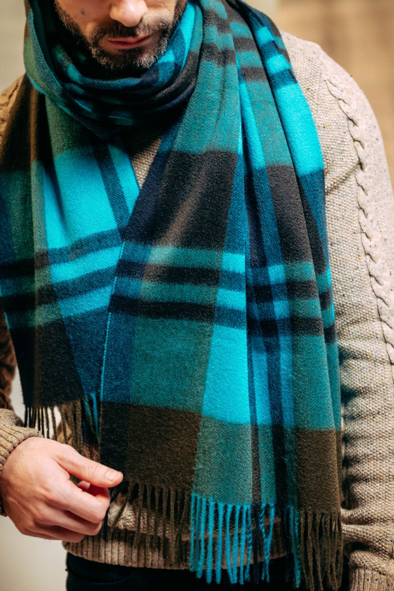 Classic Blackwatch Cashmere 100%  Scarf - Peacock x Army Drab x Navy