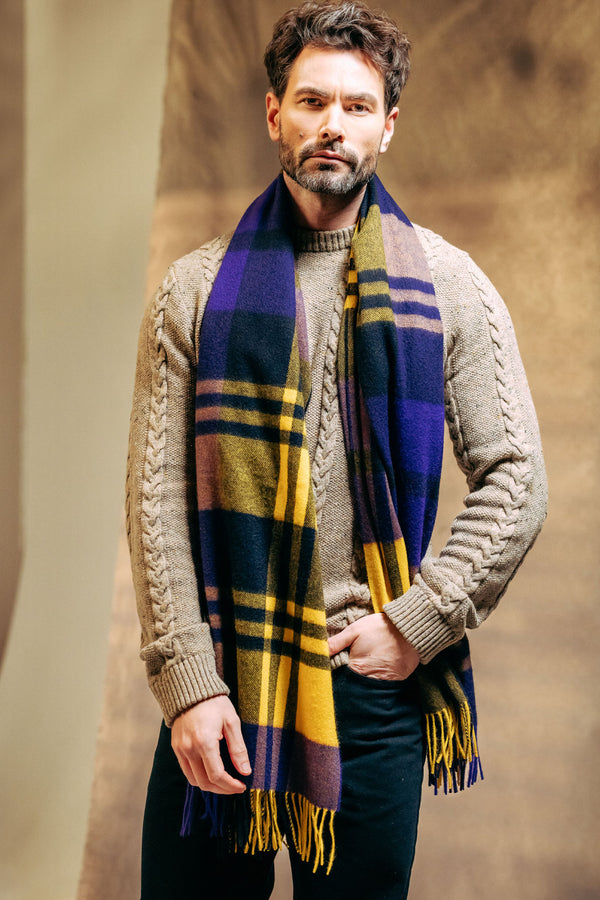 Classic Blackwatch Cashmere 100%  Scarf - Yellow x Coablt x Navy