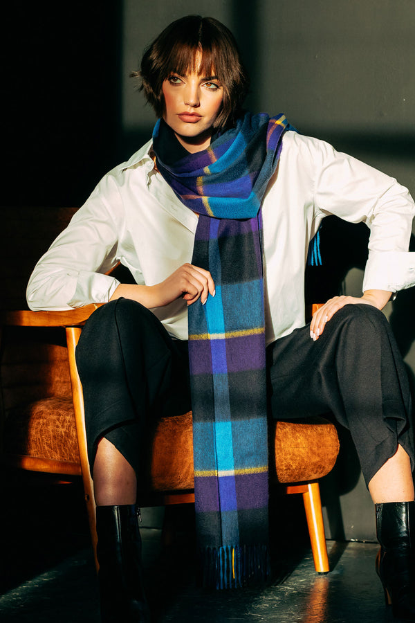Classic Check Ripple Cashmere 100%  Scarf - Purple x Blue x Navy