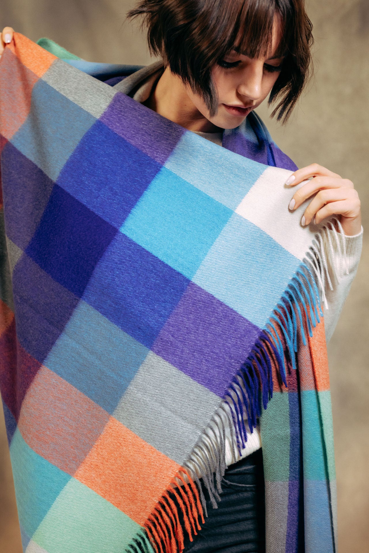 Joshua Ellis | Classic Check Ripple Cashmere 100% Stole - Purple x Red ...