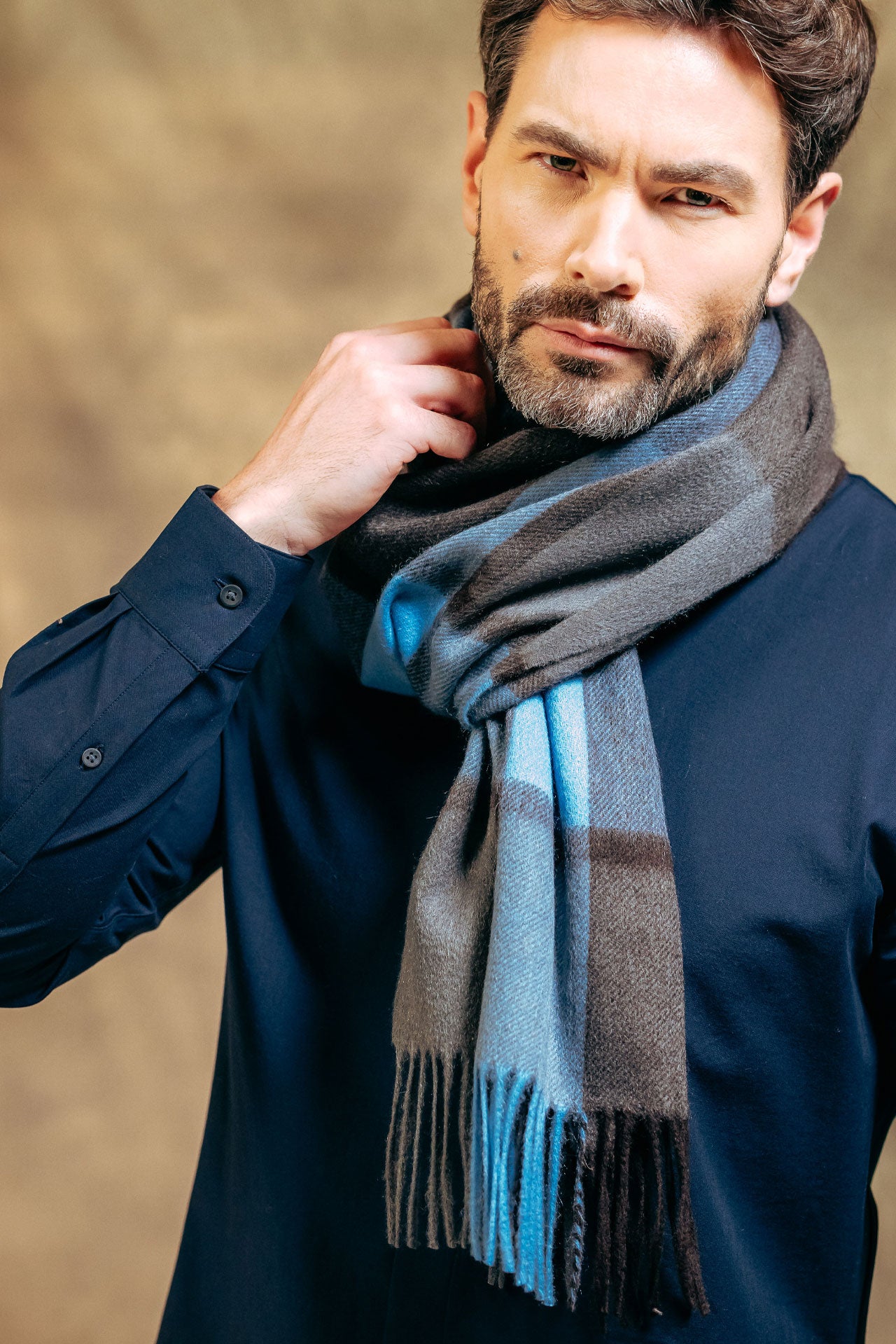 Classic Check Ripple Cashmere 100%  Scarf - Grey x  Blue x Chocolate