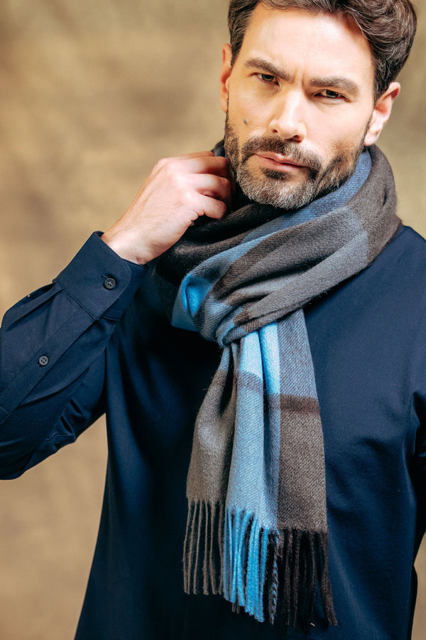 Classic Check Ripple Cashmere 100%  Scarf - Grey x  Blue x Chocolate