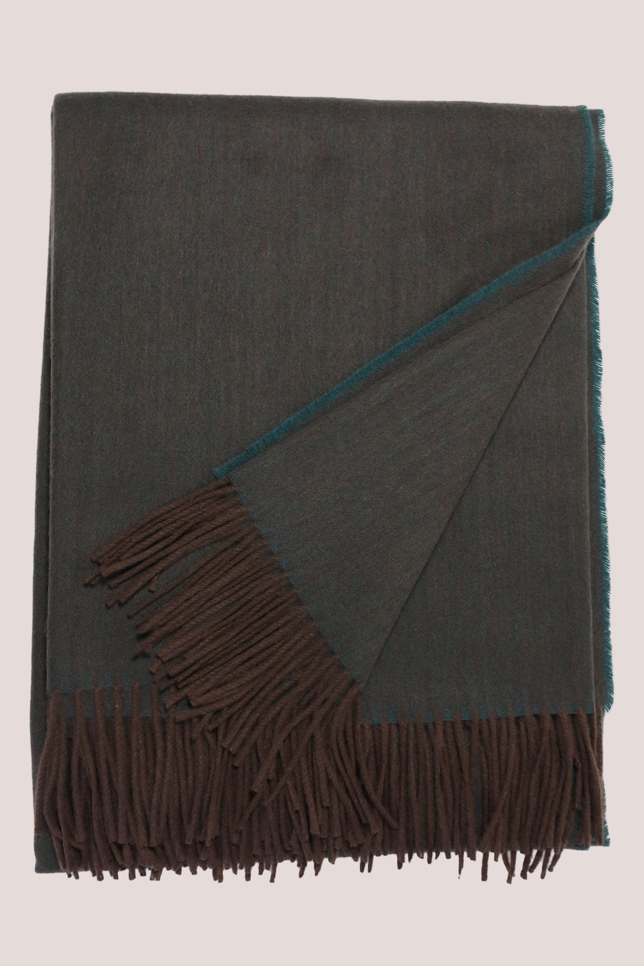 Classic Herringbone Ripple Cashmere Blanket - Teal x Dark Brown