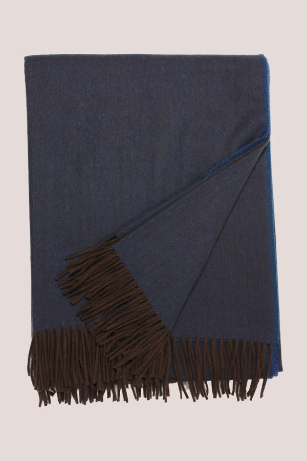 Classic Herringbone Ripple Cashmere Blanket - Cobalt x Brown