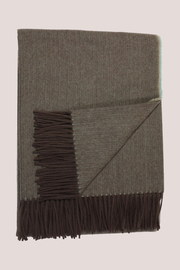 Classic Herringbone Ripple Cashmere Blanket - Mint x Ecru x Brown