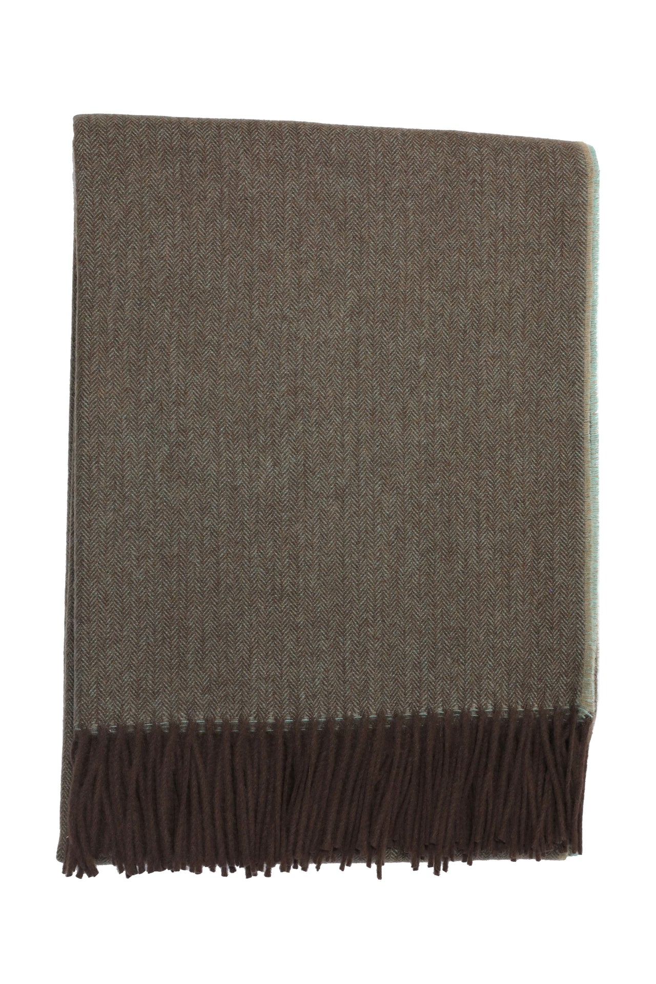 Classic Herringbone Ripple Cashmere Blanket - Mint x Ecru x Brown