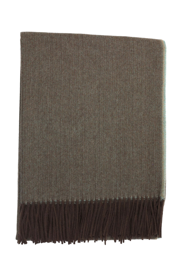 Classic Herringbone Ripple Cashmere Blanket - Mint x Ecru x Brown