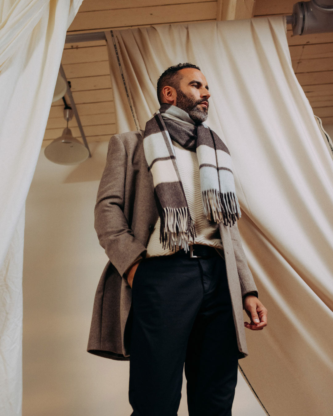 Joshua Ellis Plaid Wide Cashmere Scarf Brown Made In England