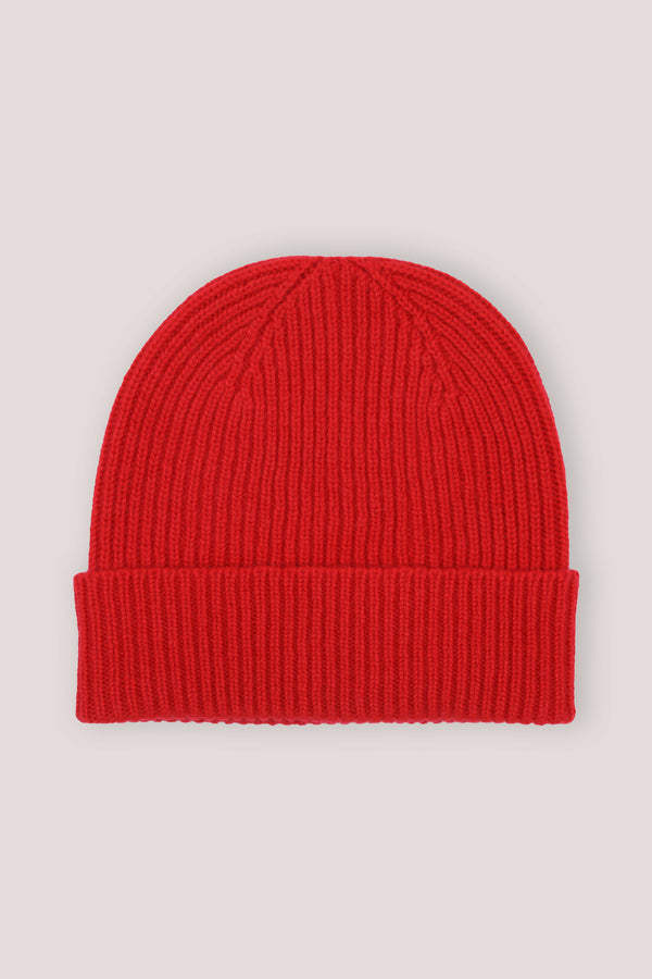 Rib Knit Cashmere Beanie Hat Scarlet Red