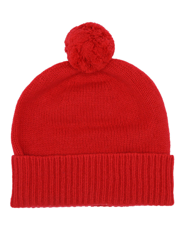 Plain Cashmere Beanie with Pom Pom Scarlet Red