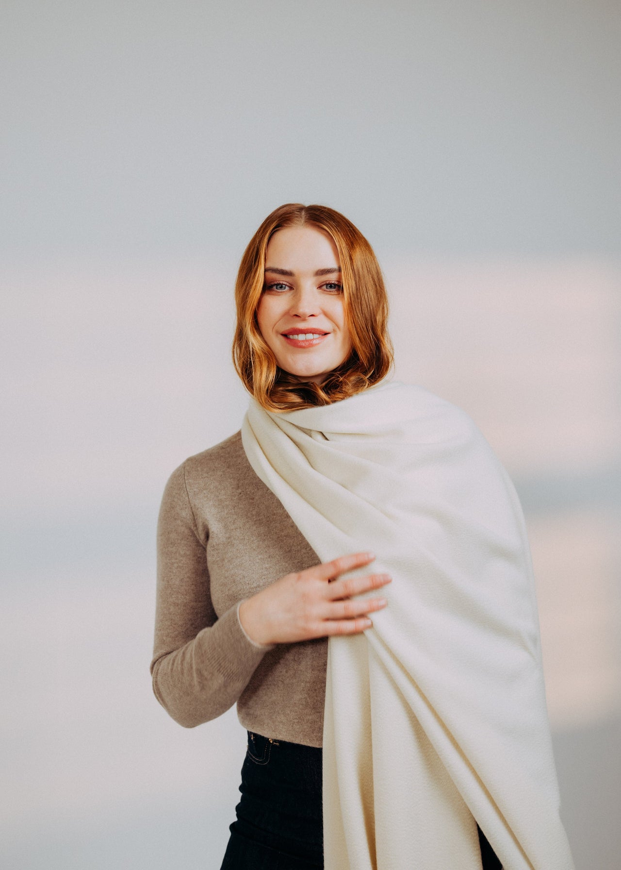 Joshua Ellis Cashmere Stole | Classic Plain Ripple White | Made In UK