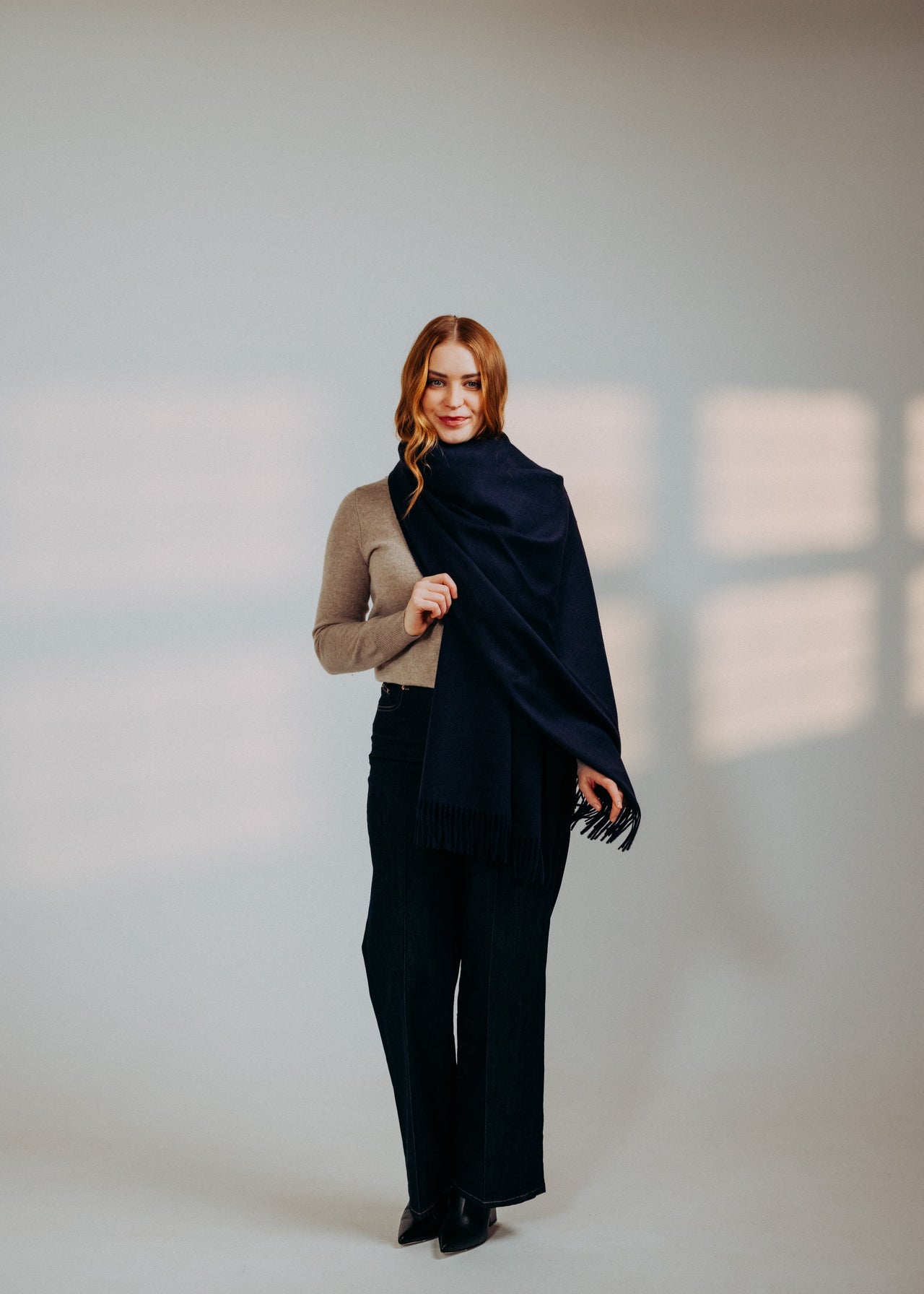 Classic Plain Ripple Cashmere Stole Navy Blue