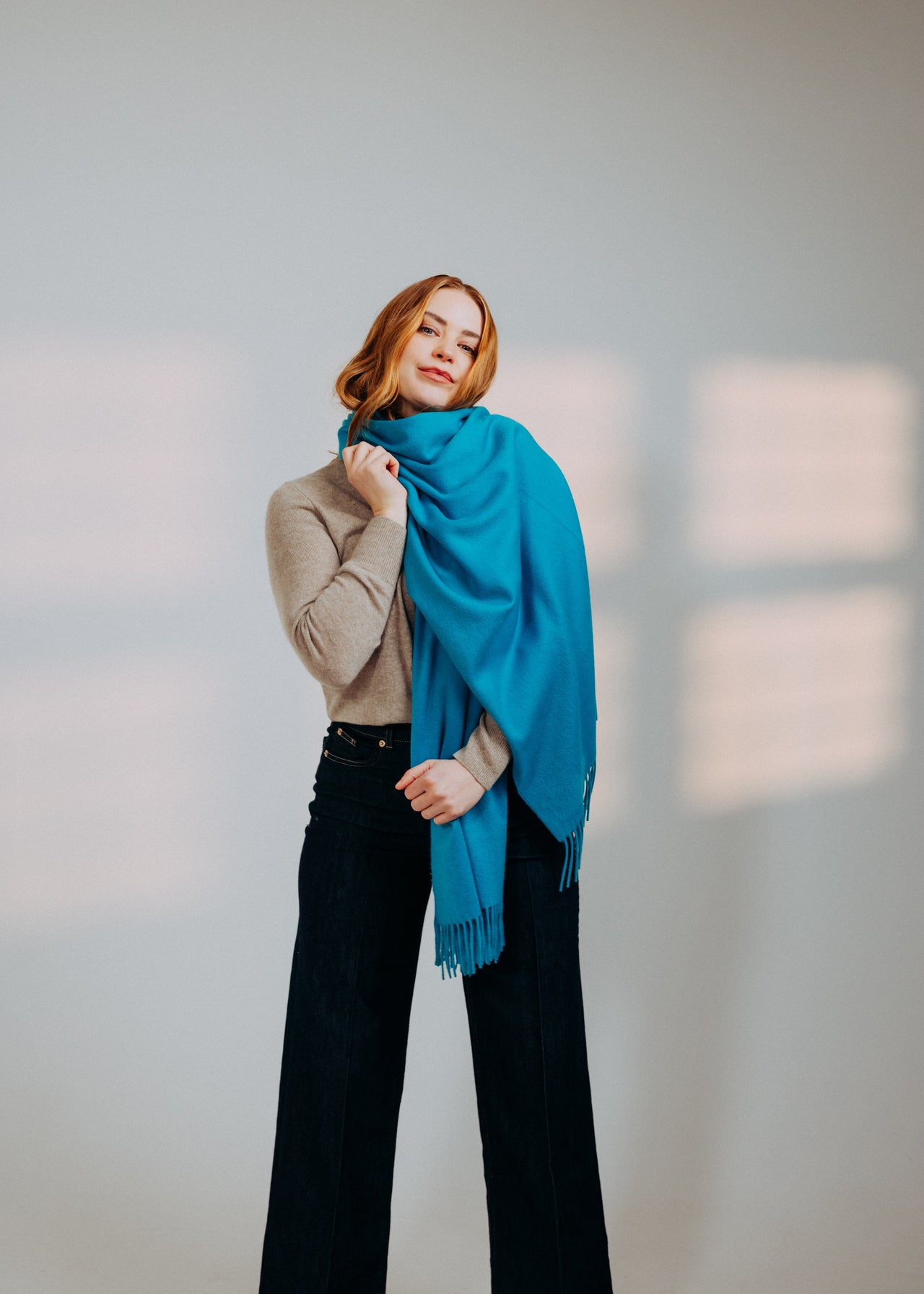 Classic Plain Ripple Cashmere Stole Peacock Turquoise Blue