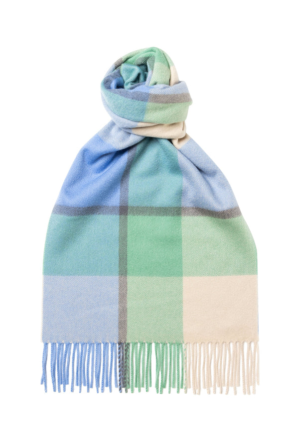 Block Check Wide Cashmere Scarf Blue x Applemint Green