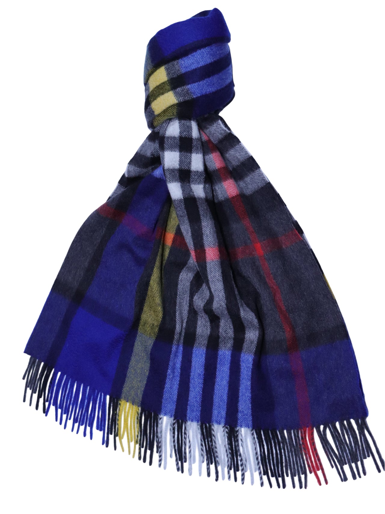 Sale - Plaid Extra Wide Cashmere Scarf Black x Blue x Multi-Coloured