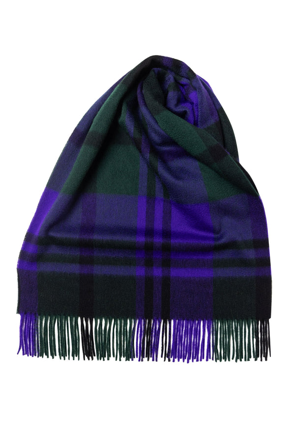 Joshua Ellis Black Watch Classic Check Wide Cashmere Scarf Purple x Green