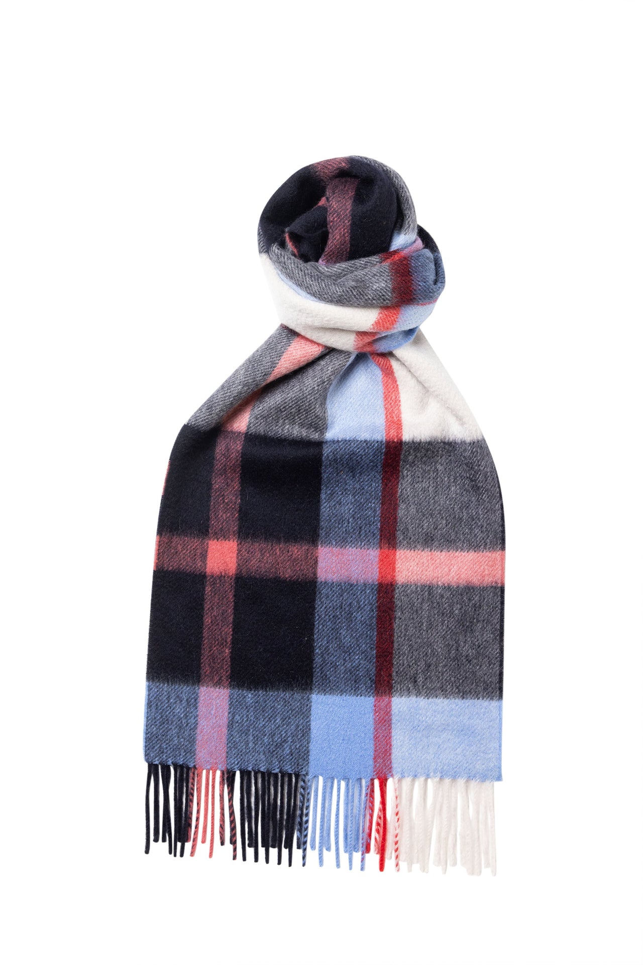 Plaid Cashmere Scarf Navy Blue x White