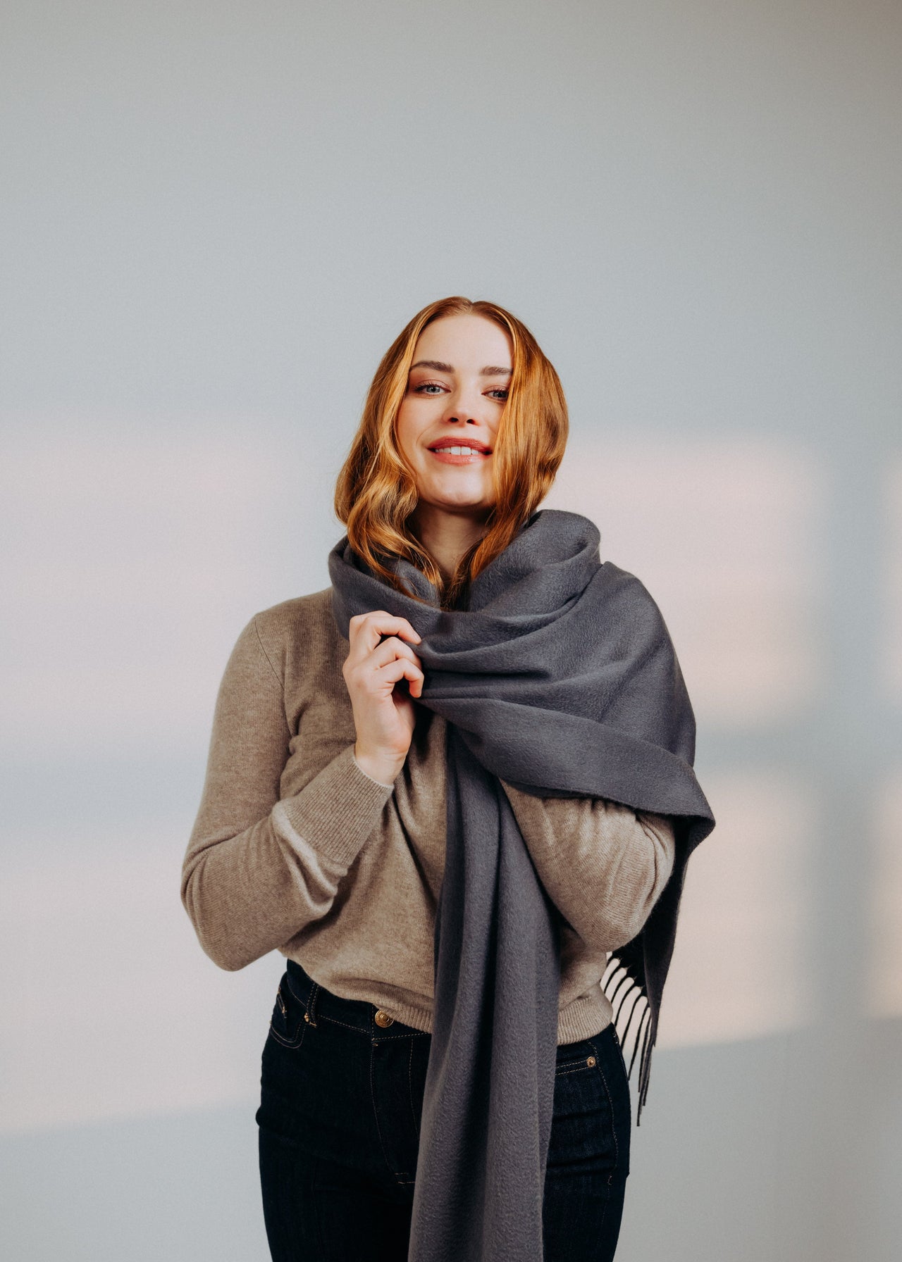 Classic Plain Ripple Cashmere Stole Storm Dark Grey