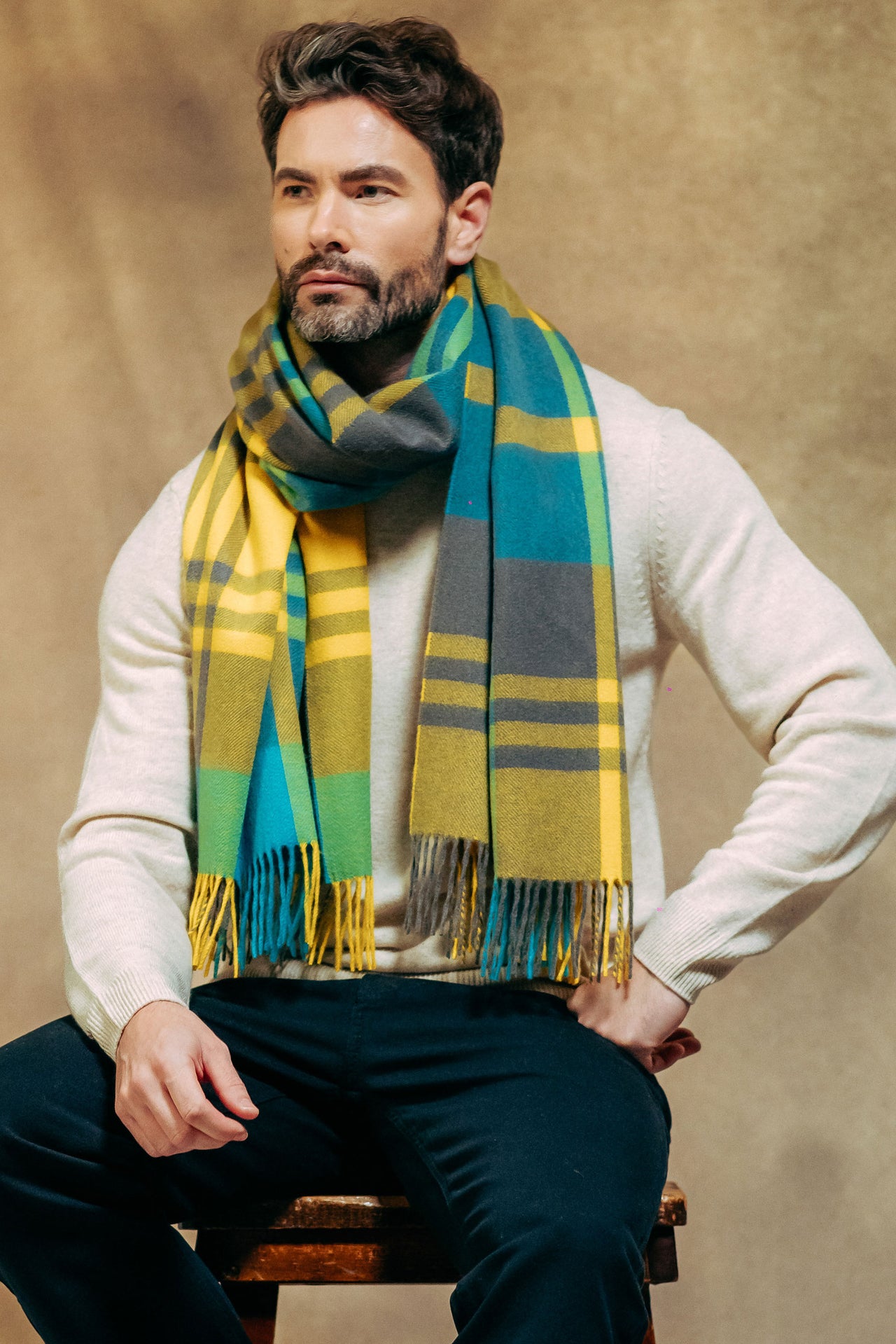 Joshua Ellis Black Watch Ripple 100% Cashmere Scarf Yellow x