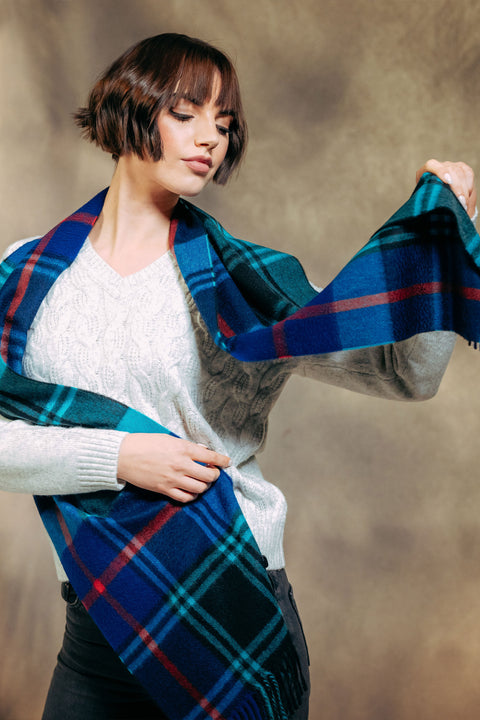 Joshua Ellis |Tartan Ripple 100% Cashmere Scarf - Black x Peacock