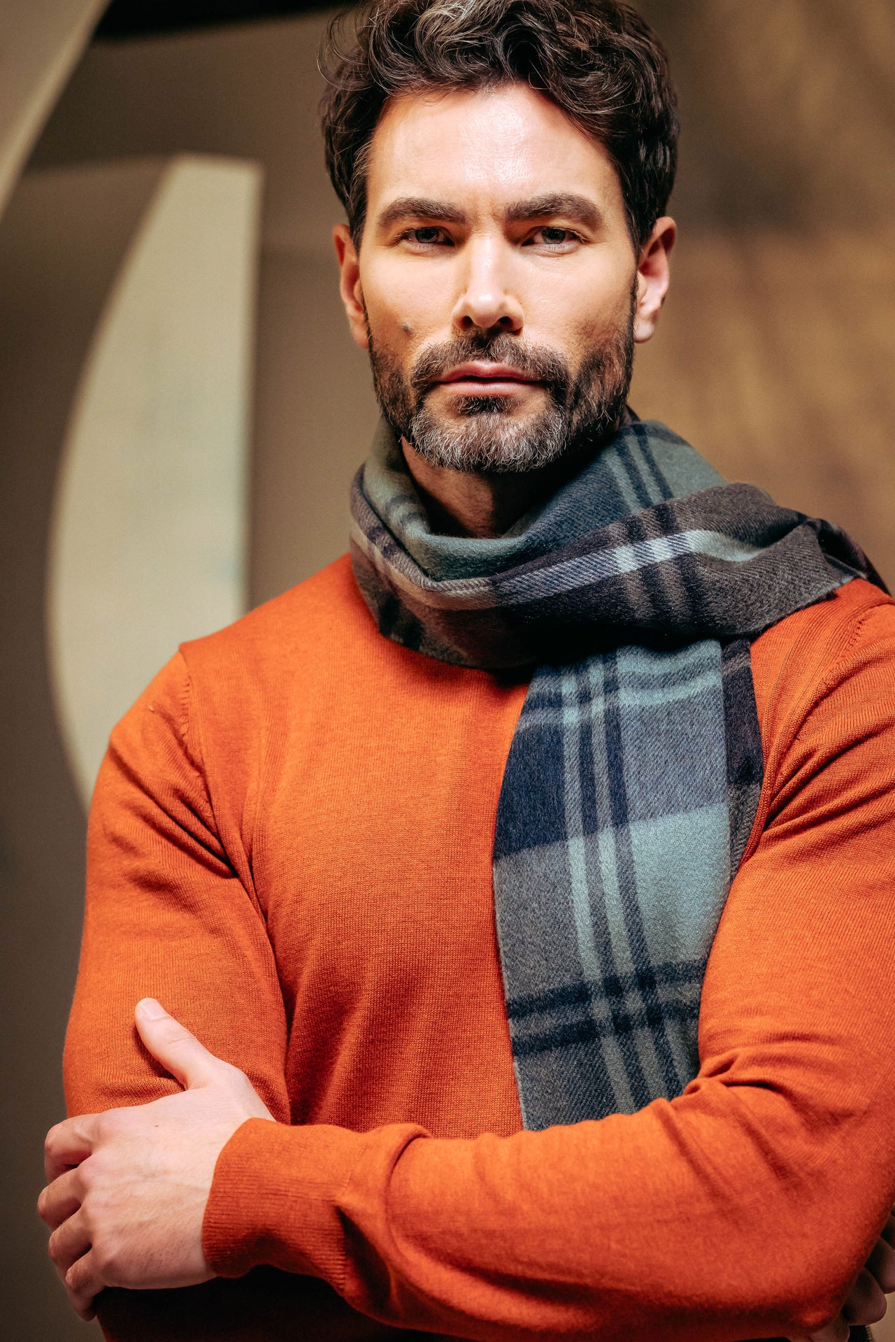 Modern Tartan Ripple  100% Cashmere  Scarf - Green x Blue x Rust