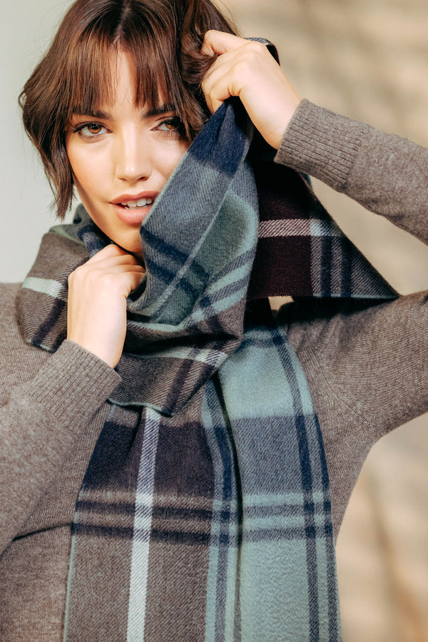 Modern Tartan Ripple  100% Cashmere  Scarf - Green x Blue x Rust
