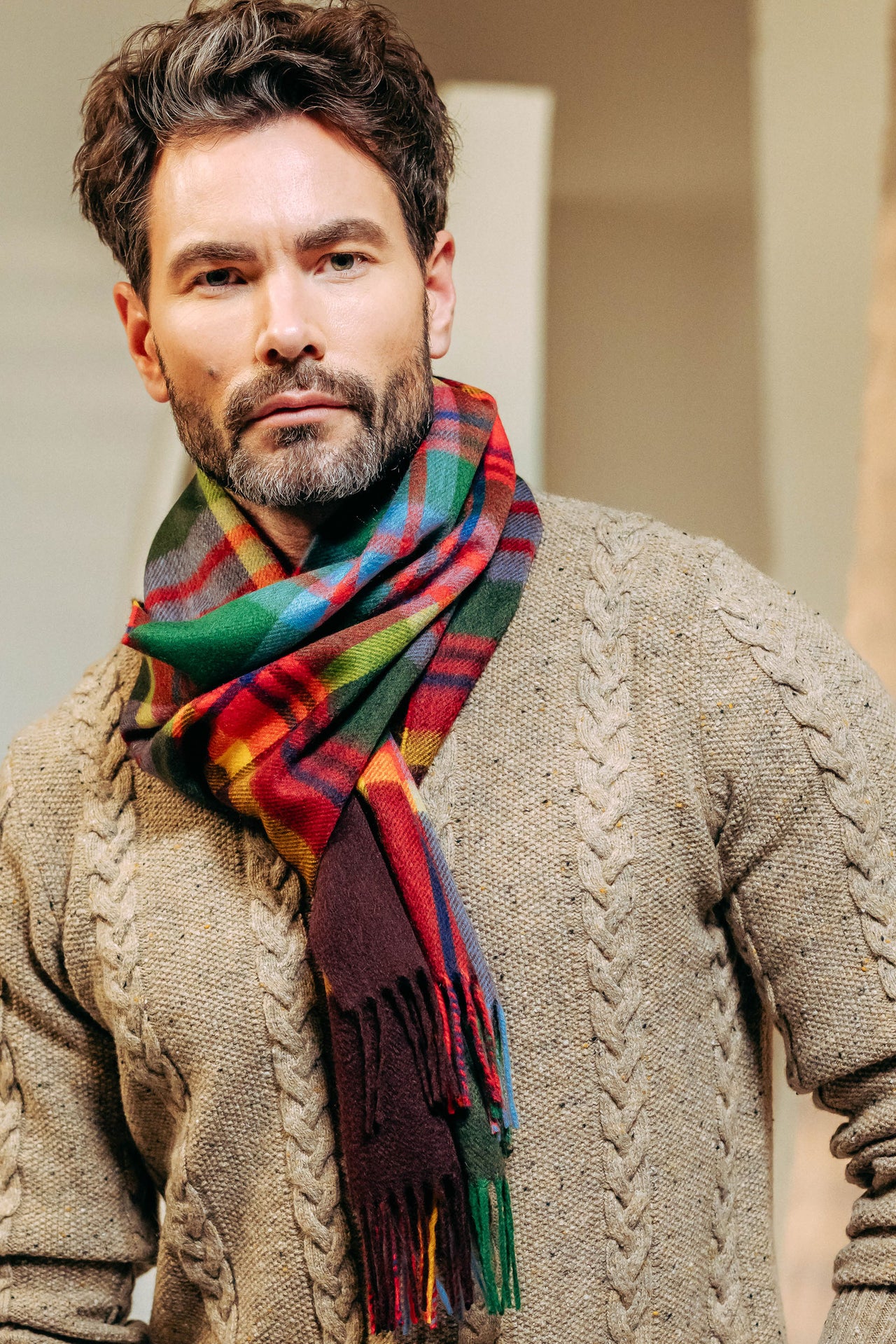 Joshua Ellis Plaid Ripple 100% Cashmere Scarf Burgundy x Green