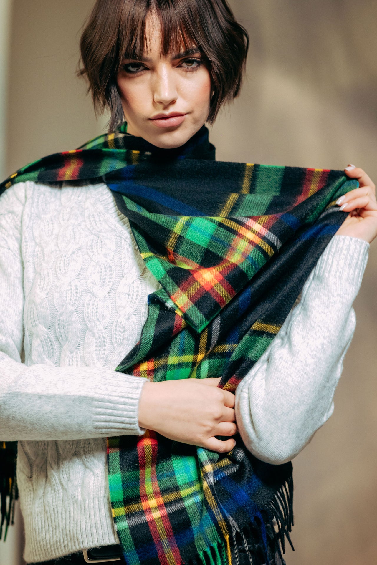 Modern Tartan Ripple 100% Cashmere Scarf - Black x Yellow x Red x Green