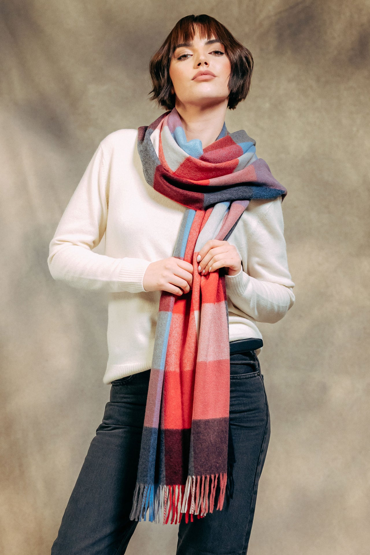 Block Check Ripple 100% Cashmere  Stole - Blue x Red