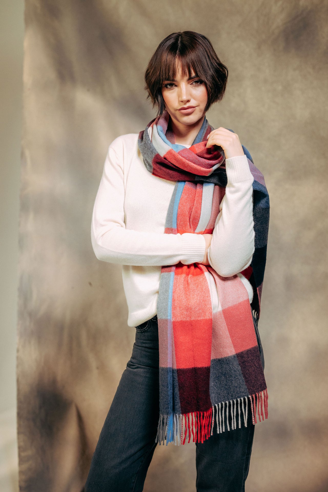 Block Check Ripple 100% Cashmere  Stole - Blue x Red