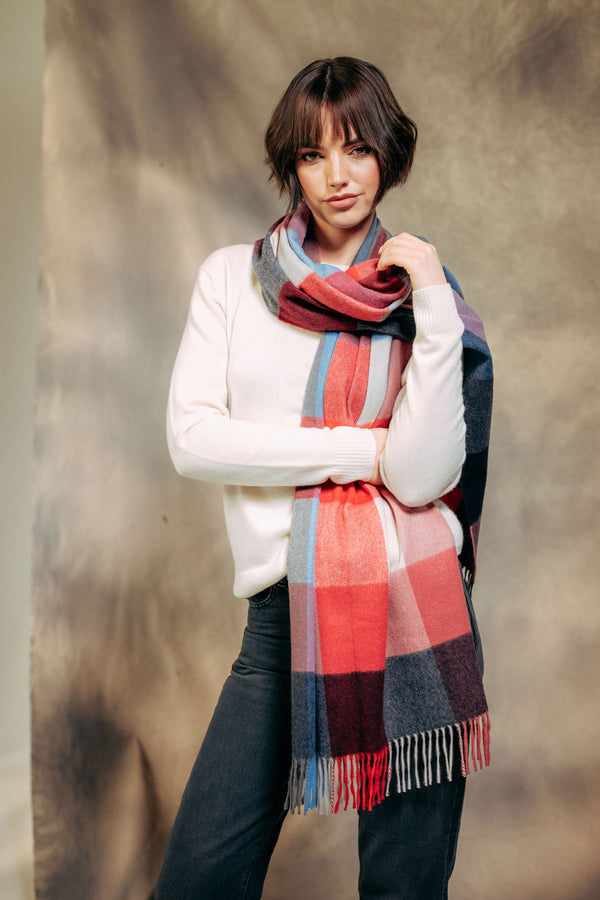 Block Check Ripple 100% Cashmere  Stole - Blue x Red