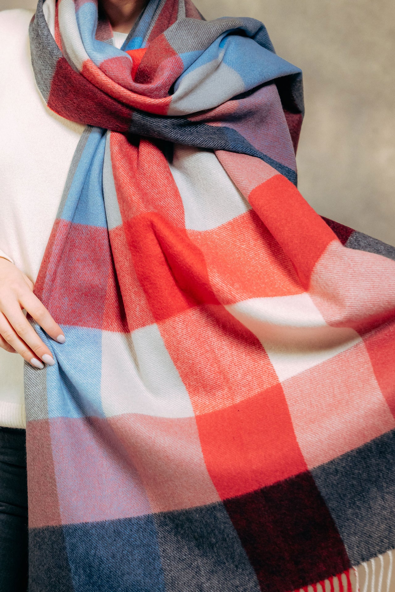 Block Check Ripple 100% Cashmere  Stole - Blue x Red