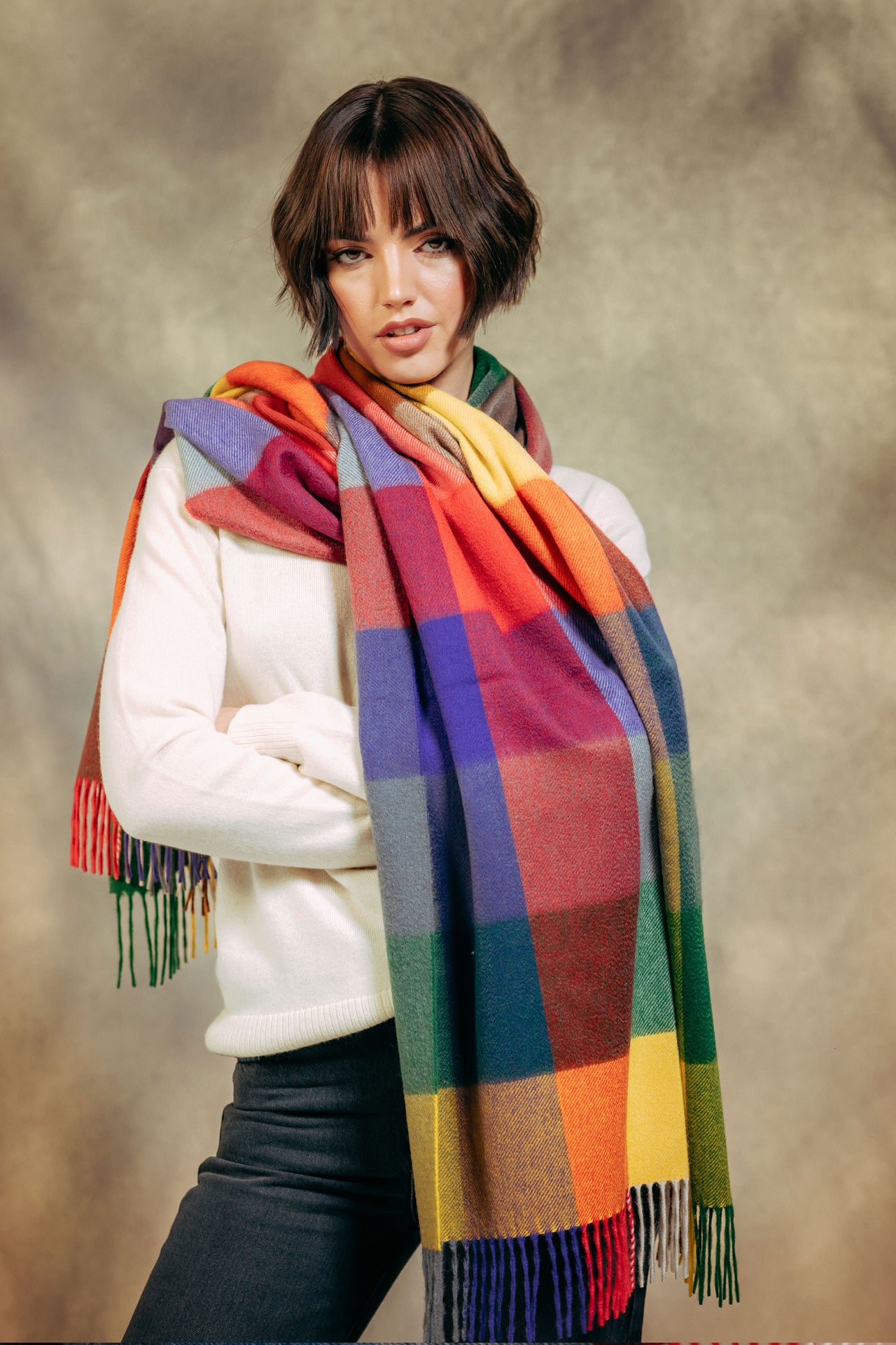 Woman model wearing 100% Cashmere Stole - Purple x Green x Yellow x Red