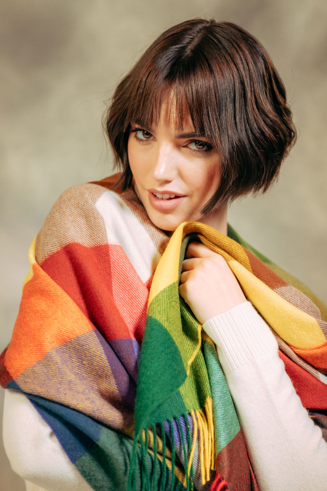Female model wearing 100% Cashmere Stole - Purple x Green x Yellow x Red
