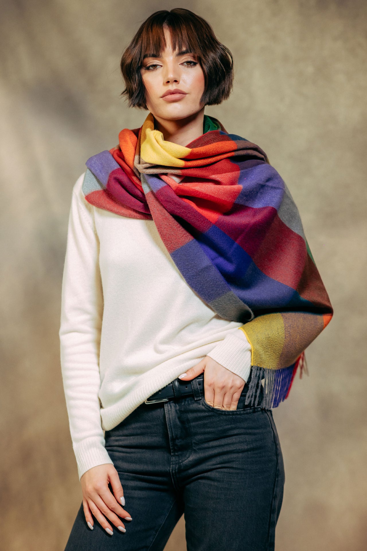 Block Check Ripple 100% Cashmere Stole - Purple x Green x Yellow x Red