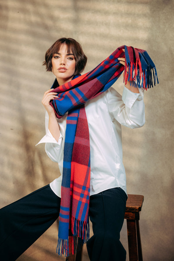 Black Watch Ripple 100% Cashmere  Stole - Red x Blue