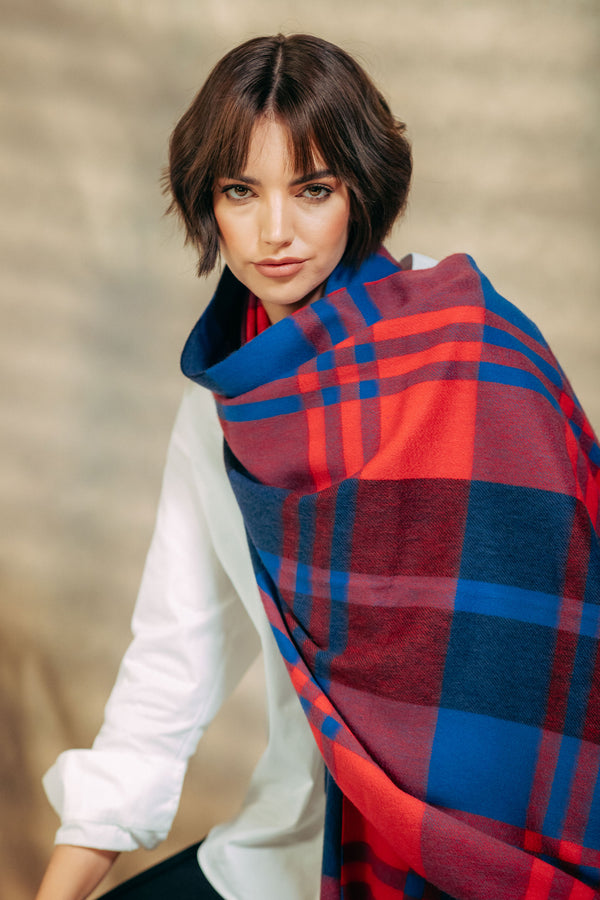 Black Watch Ripple 100% Cashmere  Stole - Red x Blue