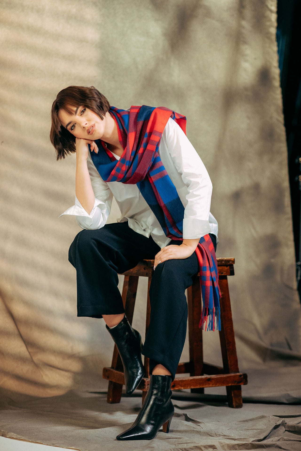 Black Watch Ripple 100% Cashmere  Stole - Red x Blue