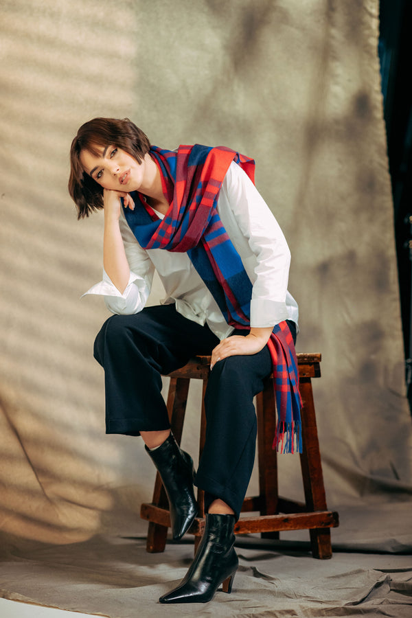 Black Watch Ripple 100% Cashmere  Stole - Red x Blue
