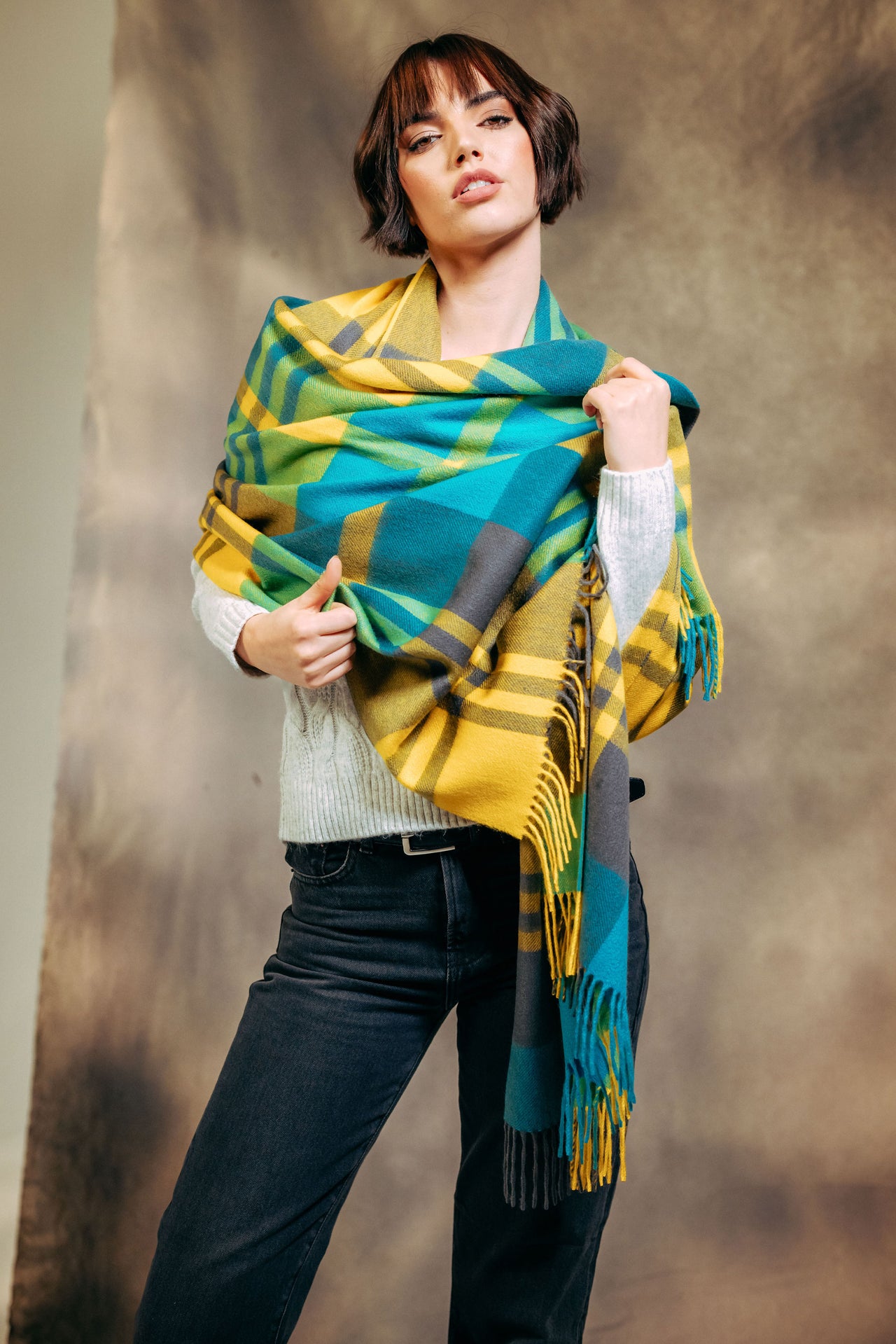 Blackwatch Ripple 100% Cashmere  Stole - Yellow x Peacock x Storm