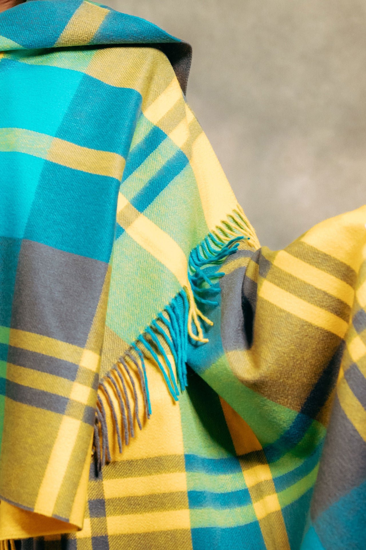 Blackwatch Ripple 100% Cashmere  Stole - Yellow x Peacock x Storm