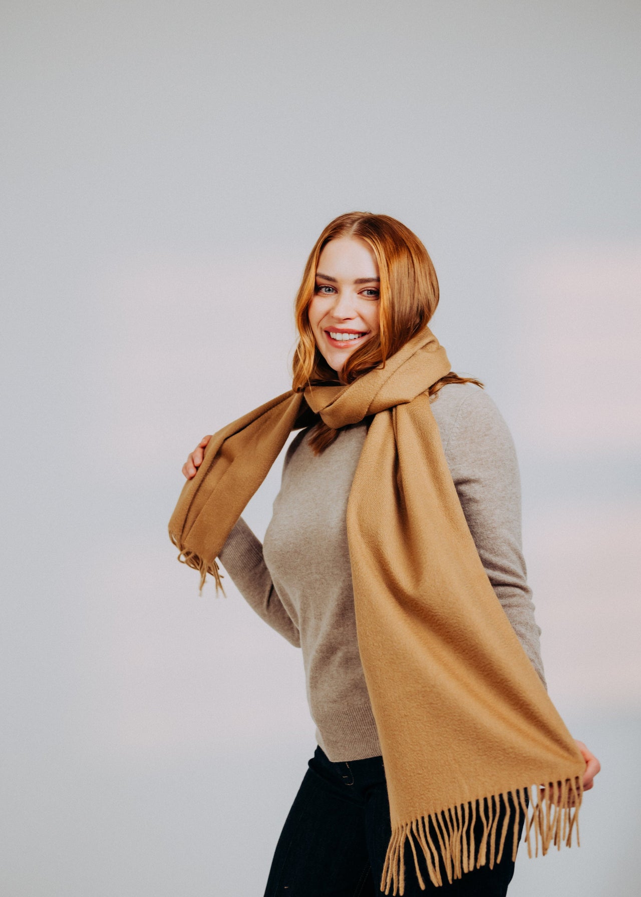 Classic Plain Wide Ripple Cashmere Scarf Sand Beige