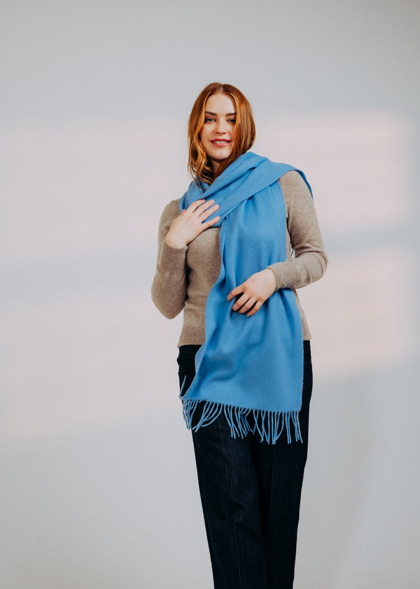 Classic Plain Wide Cashmere Ripple Scarf Wedgewood Blue